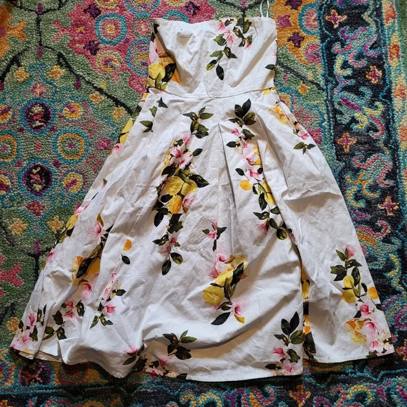 Eva Mendes New York & Company Lemon Floral Strapless Dress Midi Medium - Picture 2 of 7